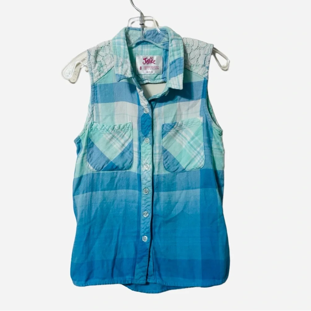 Justice Girls Size 8 Blue Button Down Tank Top